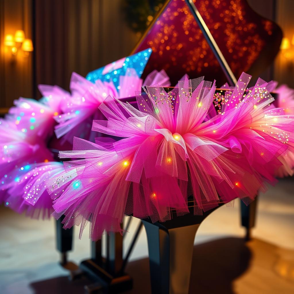 A close-up view of a grand piano covered in sparkling, colorful tuts (short skirts), with each tut exquisitely designed and shimmering under bright, dramatic lighting