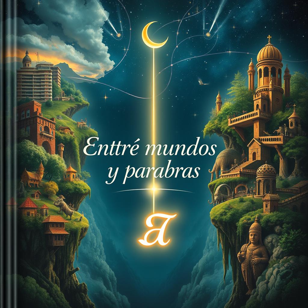 An enchanting book cover showcasing two contrasting worlds: on one side, a normal, contemporary setting featuring urban elements like buildings and streets, and on the other, an ancient and mystical landscape filled with magical forests, mythical creatures, and historical architecture