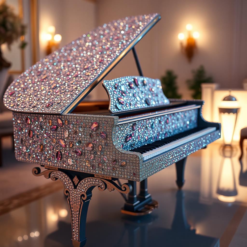 A beautiful grand piano covered in sparkling diamonds and shimmering crystals, reflecting light in a stunning array of colors
