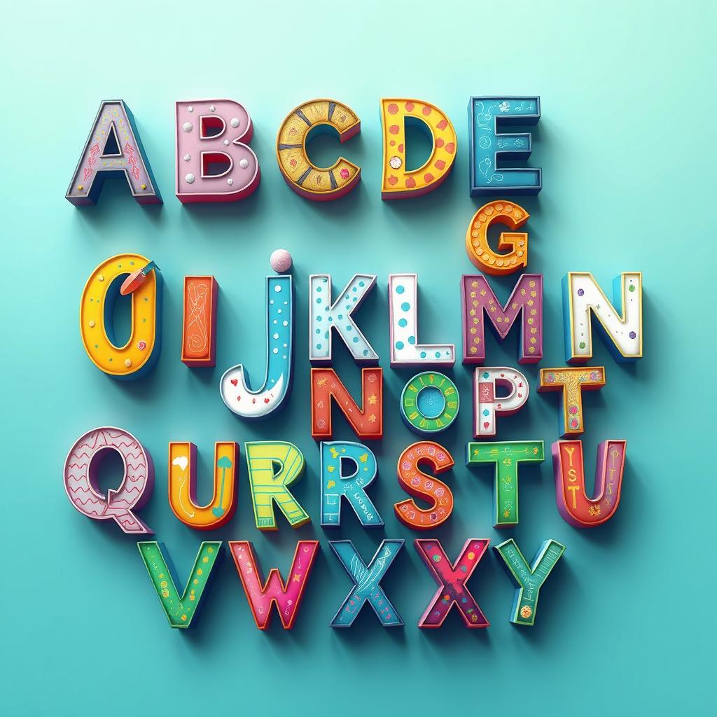 A vibrant and artistic representation of English letter art, showcasing the complete alphabet in a visually captivating and playful manner
