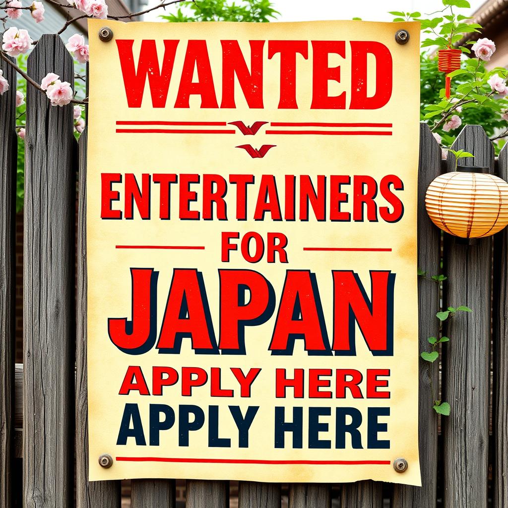 A vintage poster design that reads "WANTED ENTERTAINERS FOR JAPAN APPLY HERE" in bold, eye-catching typography