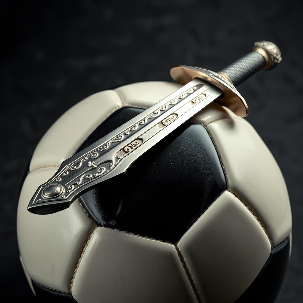 A dramatic scene featuring a classic soccer ball placed on a dark, textured background