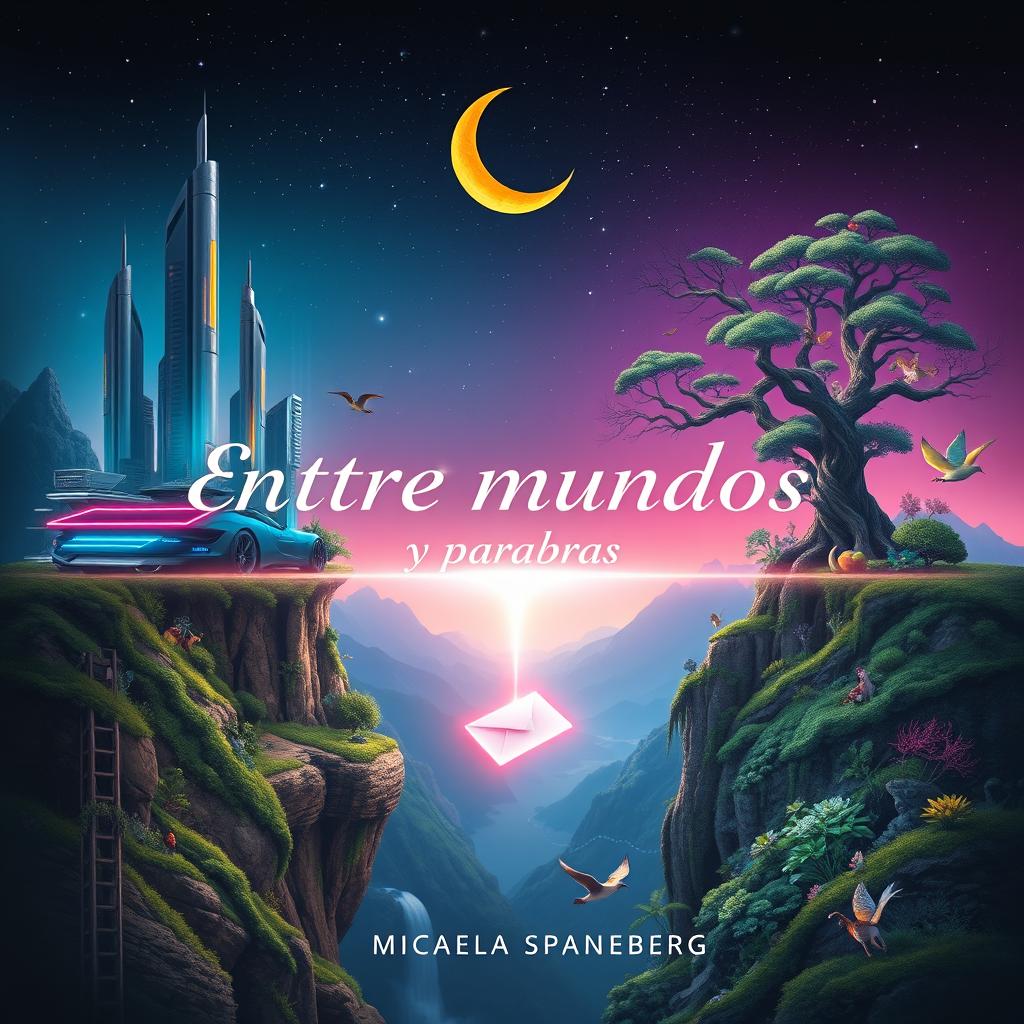 A captivating book cover design measuring 512 x 800 pixels titled 'Entre mundos y palabras' by Micaela Spangenberg