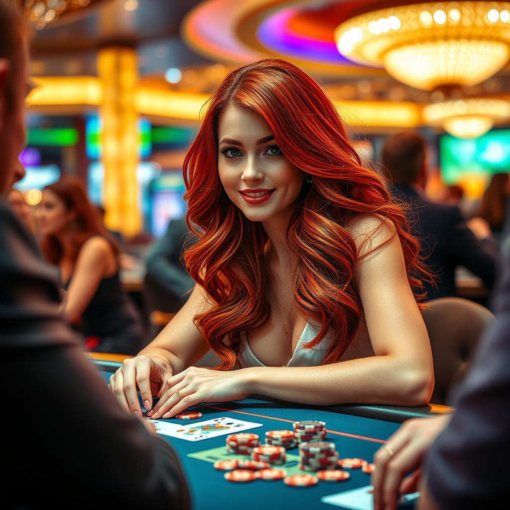A vibrant scene of a redhead woman engaged in gambling, seated at an elegantly designed poker table