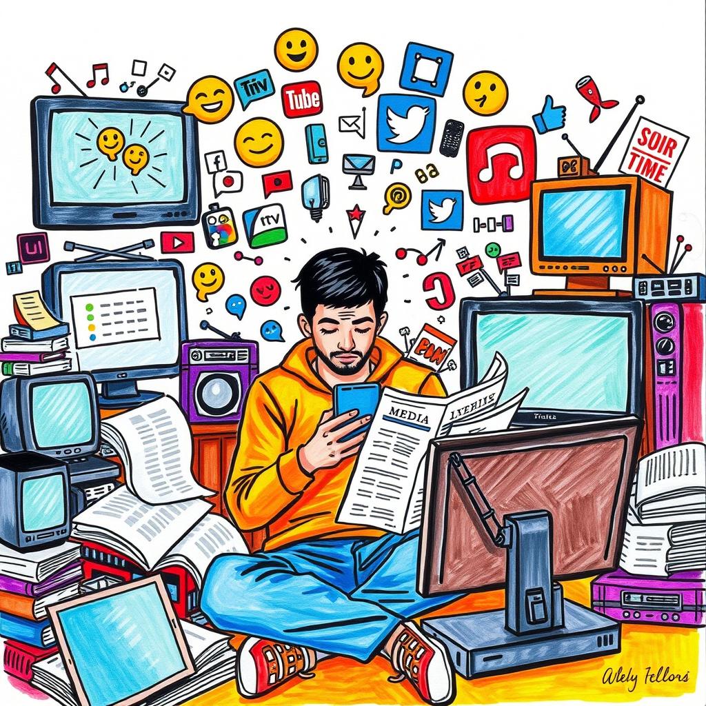 A vibrant drawing depicting an individual's daily life influenced by various types of media