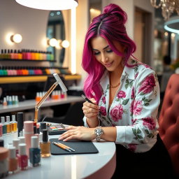 A stunning, professional nail artist at work in a chic salon