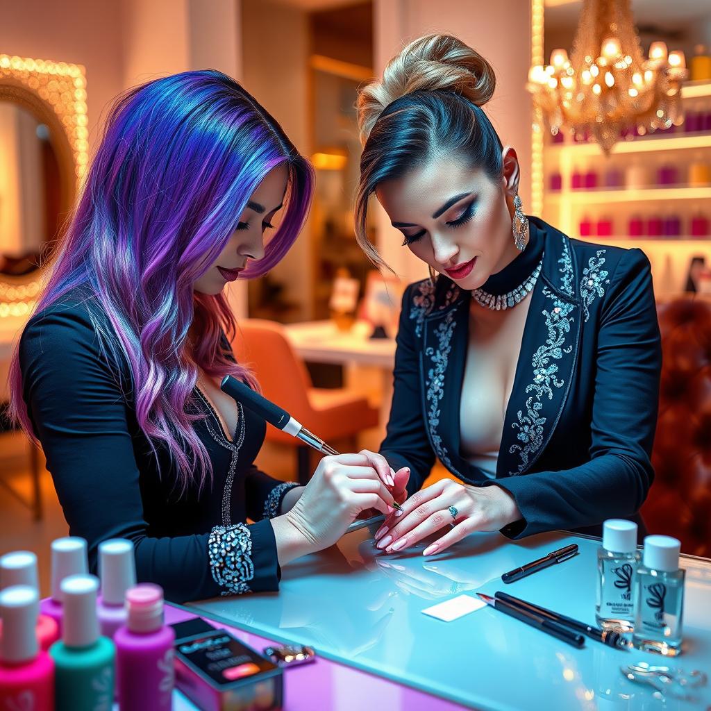 A stunning, professional nail artist at work in a chic salon