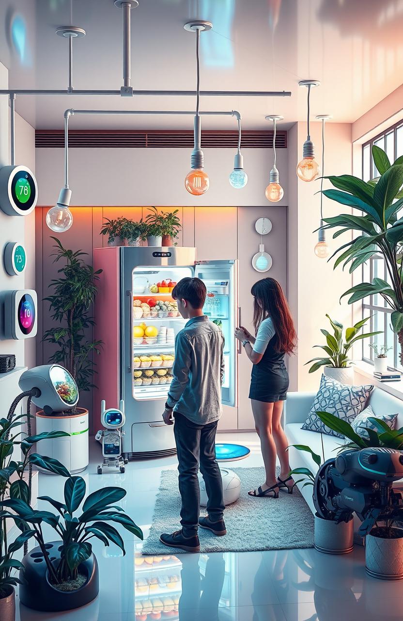 A futuristic scene depicting the Internet of Things (IoT) in action