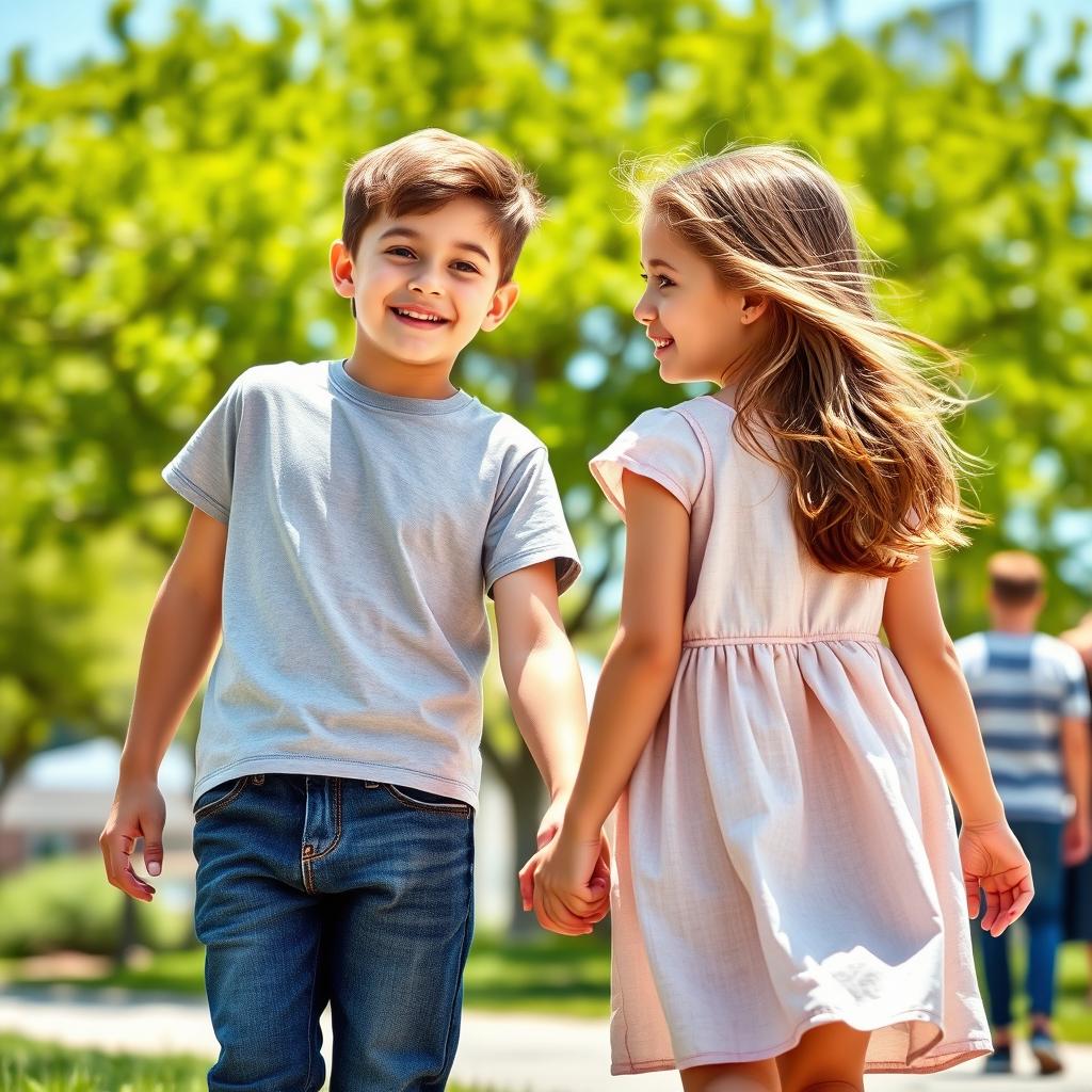 A boy and a girl walking hand in hand, the girl glances back at another boy behind her, capturing a moment of youthful innocence and curiosity