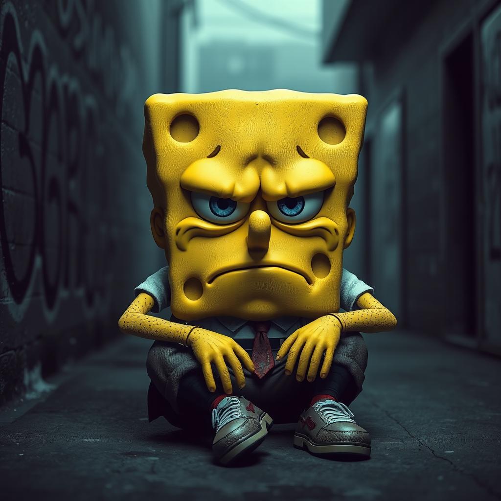 A three-dimensional depiction of SpongeBob SquarePants as a tough, sad character, sitting down