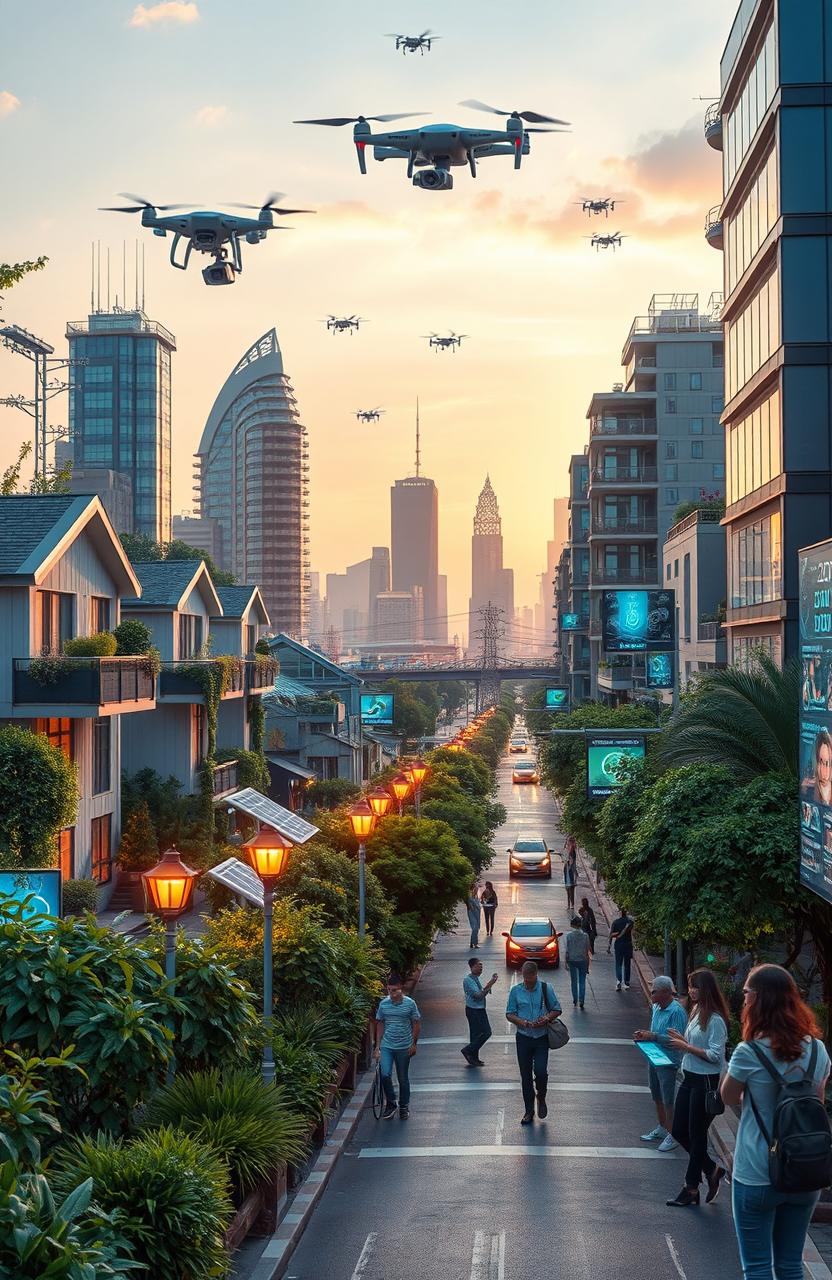 A futuristic cityscape showcasing the Internet of Things (IoT) integration, with smart homes equipped with visible sensors and interconnected devices