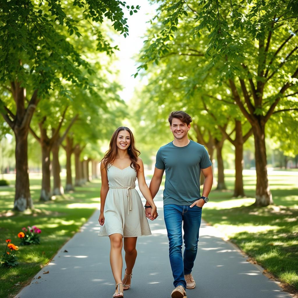 A young couple walking together hand in hand in a beautiful park, surrounded by trees with vibrant green leaves