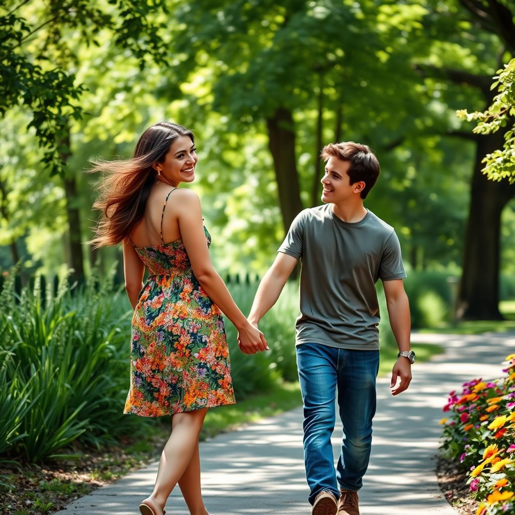 A young couple walking hand in hand in a scenic park