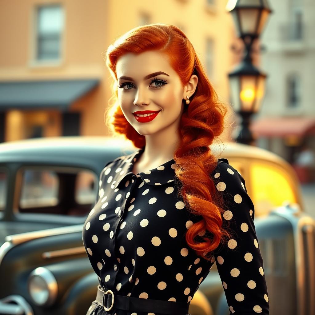 A vibrant portrait of a young woman with striking red hair in a classic 1940s style