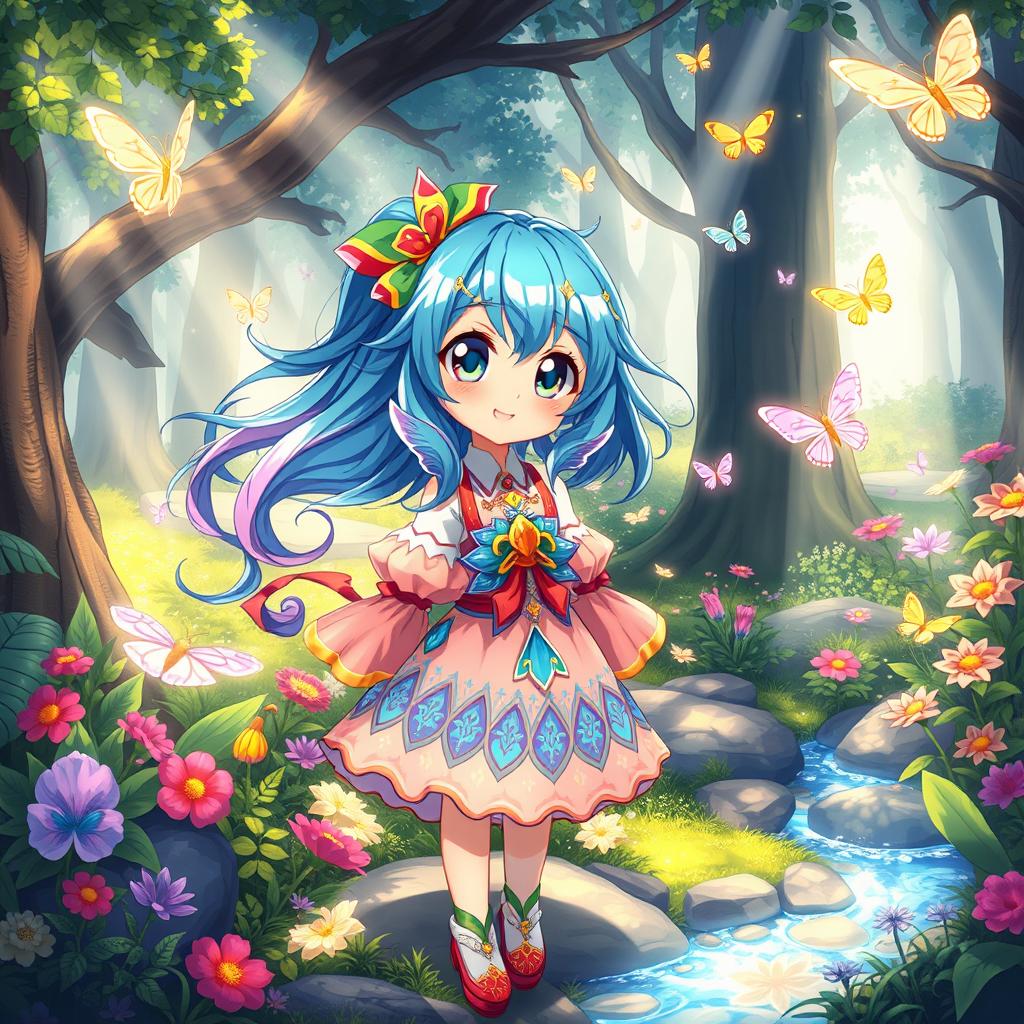 A beautifully detailed anime illustration of a whimsical scene featuring a fantasy character with vibrant flowing hair, wearing a stunning outfit adorned with intricate patterns and bright colors