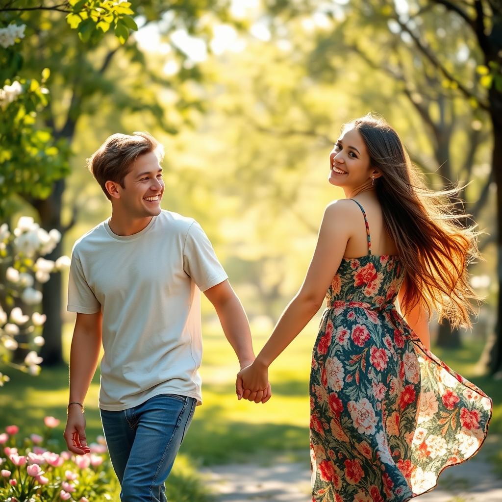 A couple walking hand in hand, with the girl looking back at the boy with a playful smile