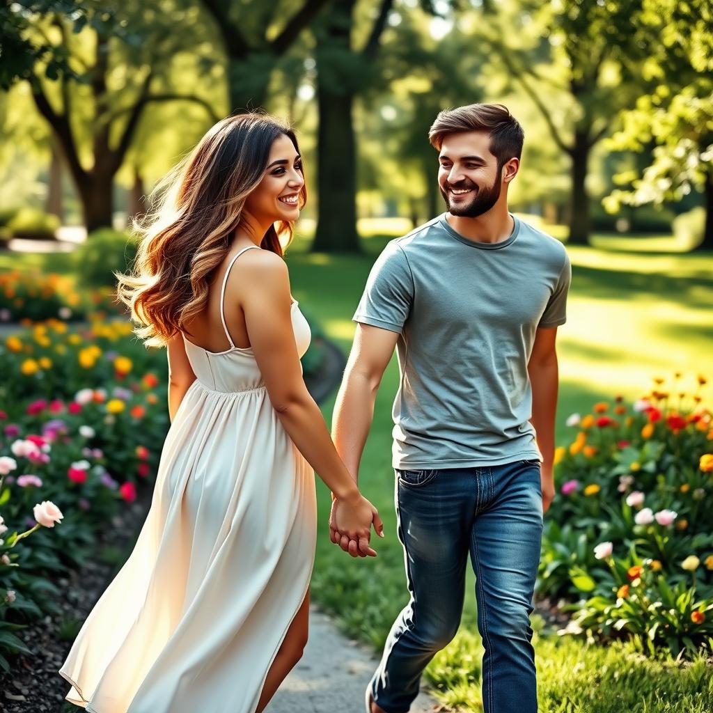 A couple walking hand in hand in a serene park, with the girl glancing back at the boy with a cheerful expression