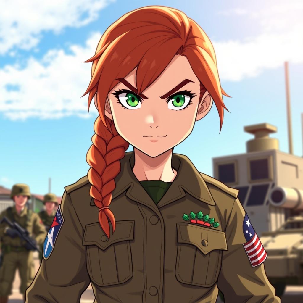 A fierce redhead girl dressed in an army uniform, standing confidently with a determined expression