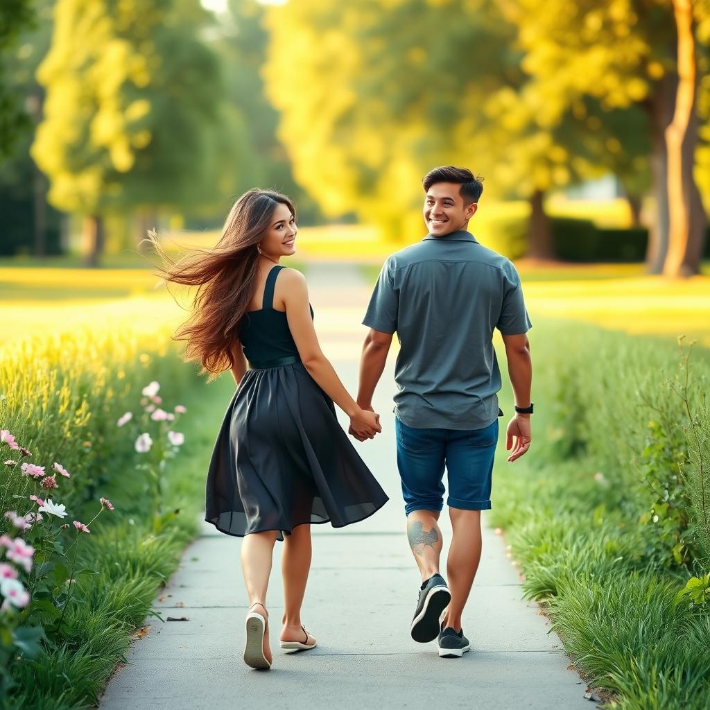 A couple walking hand in hand, with the girl glancing back over her shoulder