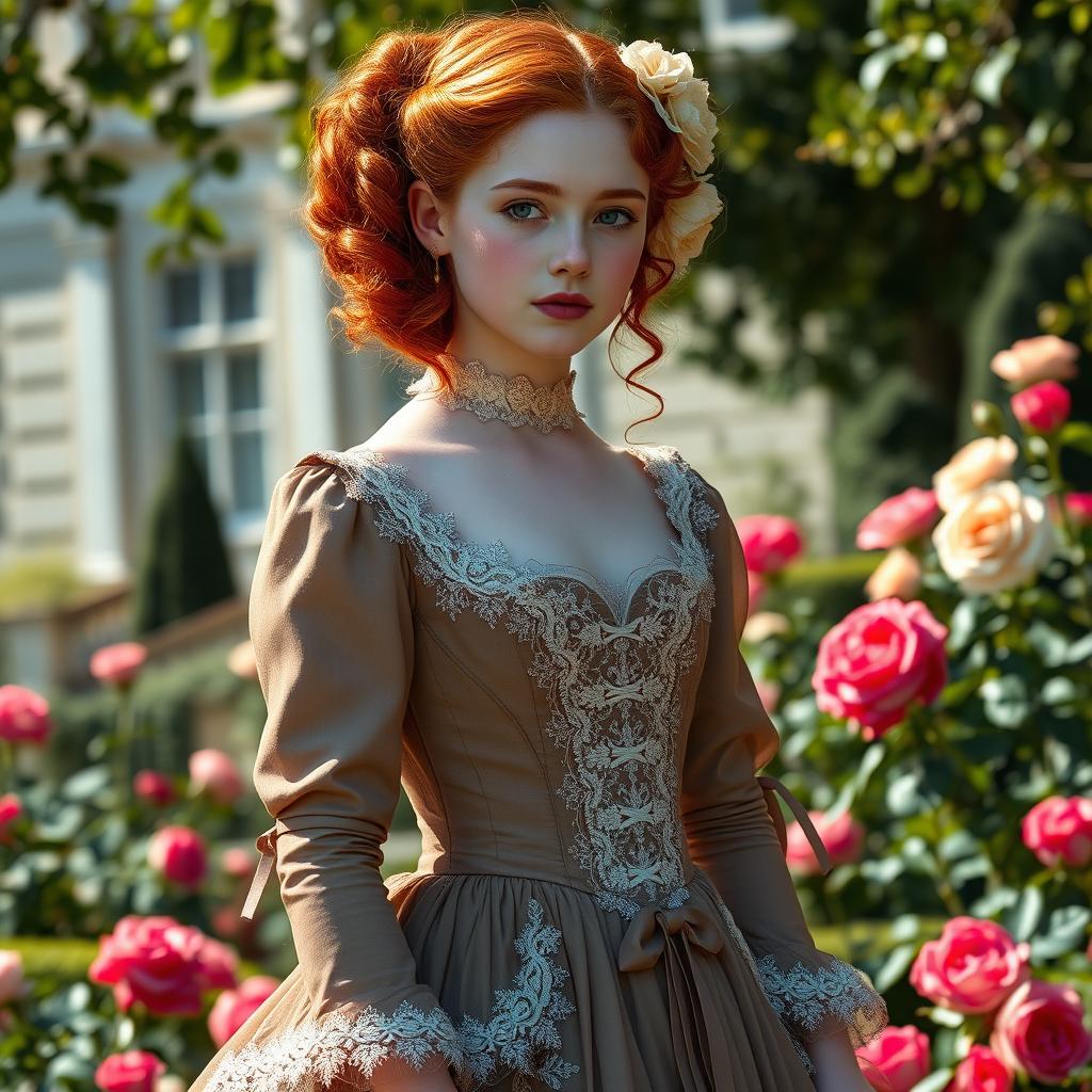 A beautiful redhead girl dressed in intricate Victorian attire, showcasing a luxurious flowing gown adorned with lace and ribbons