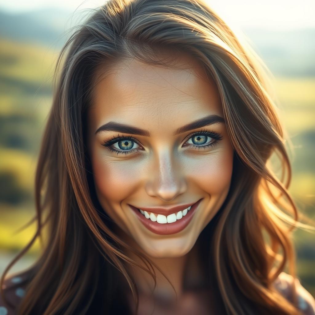 A detailed portrait of a beautiful woman with captivating features, radiant skin, and a friendly smile