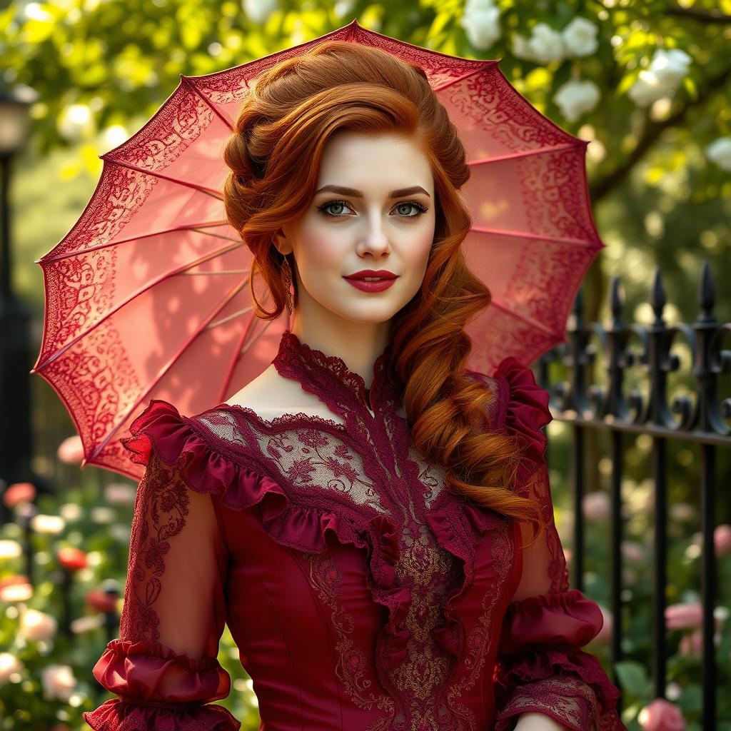 A young woman with stunning copper red hair styled in an elegant Victorian chic fashion