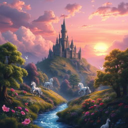 A mystical fantasy landscape featuring a soaring castle atop a lush green hill
