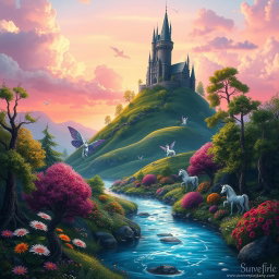 A mystical fantasy landscape featuring a soaring castle atop a lush green hill