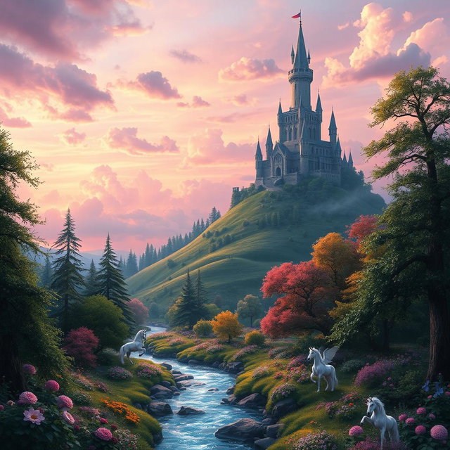 A mystical fantasy landscape featuring a soaring castle atop a lush green hill