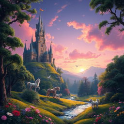 A mystical fantasy landscape featuring a soaring castle atop a lush green hill