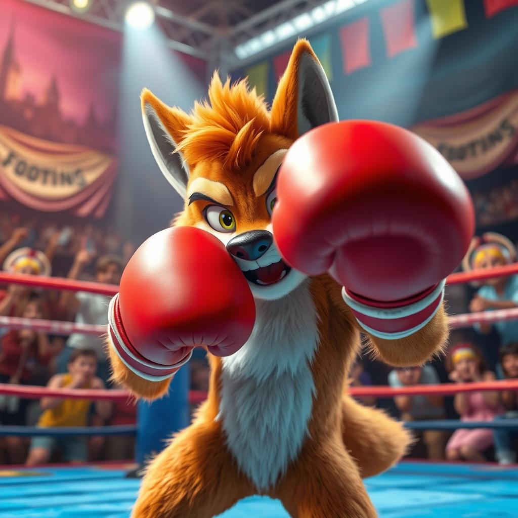A dynamic image of an anthropomorphic character wearing boxing gloves, resembling a cartoonish animal paw, in the midst of an energetic boxing match