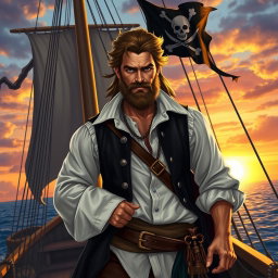 A handsome pirate standing confidently on the deck of a grand ship, sporting broad shoulders and rugged facial features that exude charm and charisma