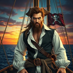 A handsome pirate standing confidently on the deck of a grand ship, sporting broad shoulders and rugged facial features that exude charm and charisma