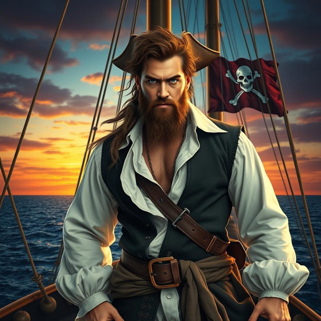 A handsome pirate standing confidently on the deck of a grand ship, sporting broad shoulders and rugged facial features that exude charm and charisma