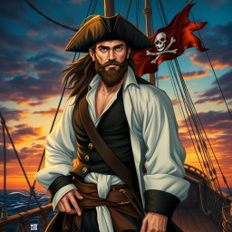A handsome pirate standing confidently on the deck of a grand ship, sporting broad shoulders and rugged facial features that exude charm and charisma