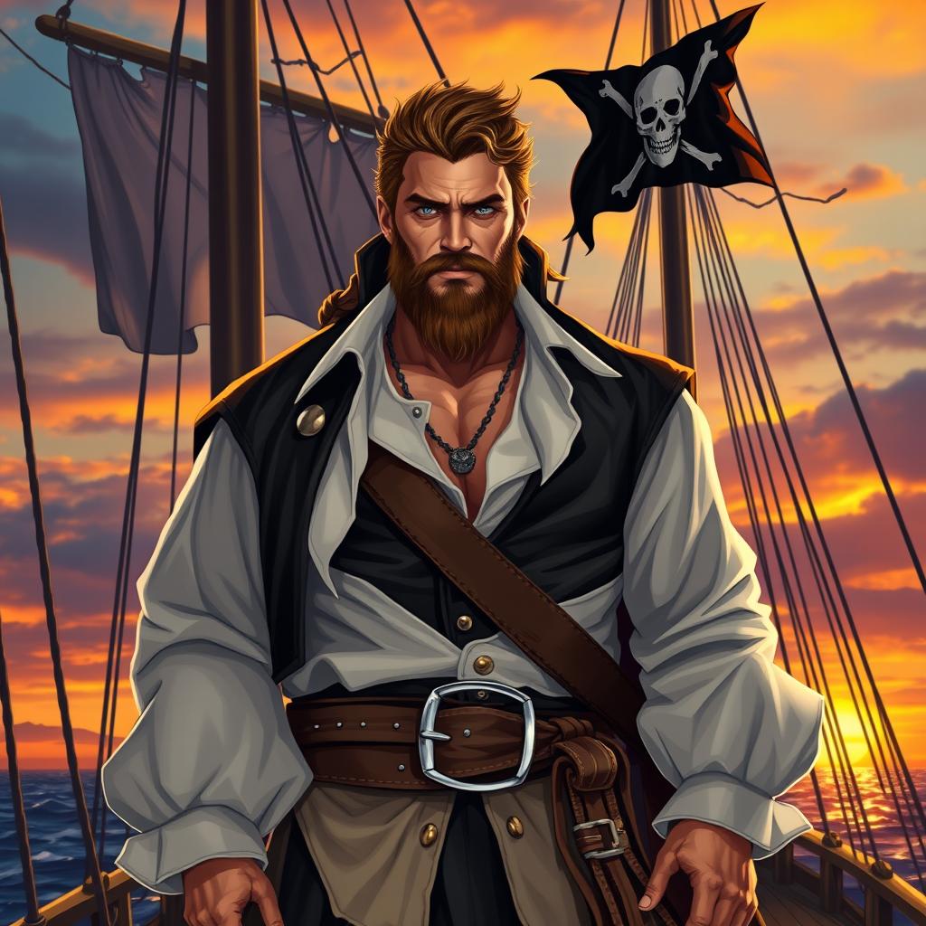 A handsome pirate standing confidently on the deck of a grand ship, sporting broad shoulders and rugged facial features that exude charm and charisma