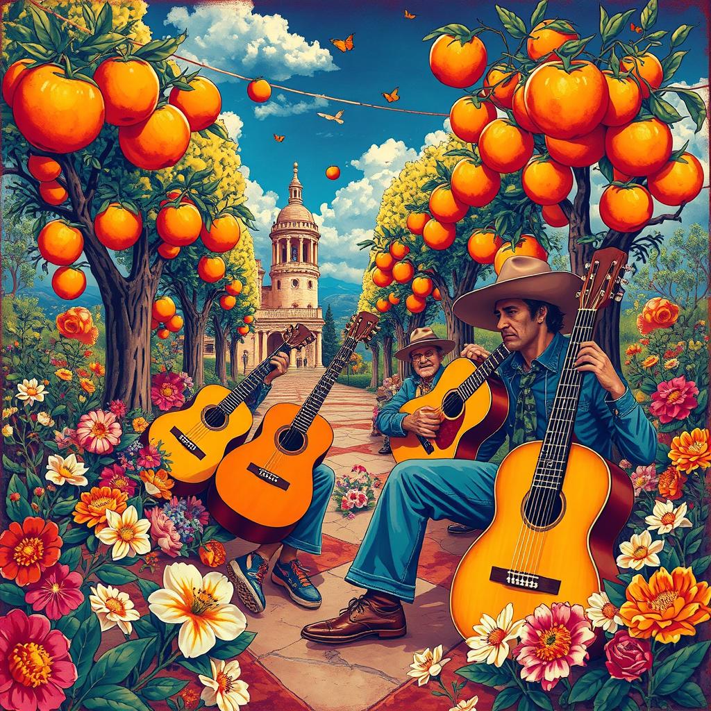 A vibrant and surreal illustration combining iconic elements such as flamenco guitars, orange trees, flowers, and a festive Andalusian atmosphere