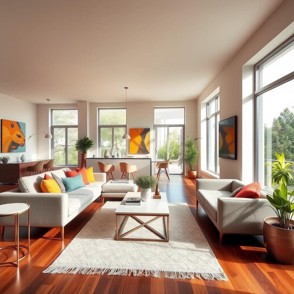 A beautifully designed modern interior space featuring a spacious living room with an open layout