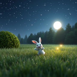 A charming 3D Pixar animation style image featuring a little white rabbit named 'Mochi' hopping playfully in a moonlit meadow