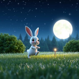 A charming 3D Pixar animation style image featuring a little white rabbit named 'Mochi' hopping playfully in a moonlit meadow