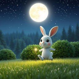 A charming 3D Pixar animation style image featuring a little white rabbit named 'Mochi' hopping playfully in a moonlit meadow