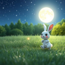 A charming 3D Pixar animation style image featuring a little white rabbit named 'Mochi' hopping playfully in a moonlit meadow
