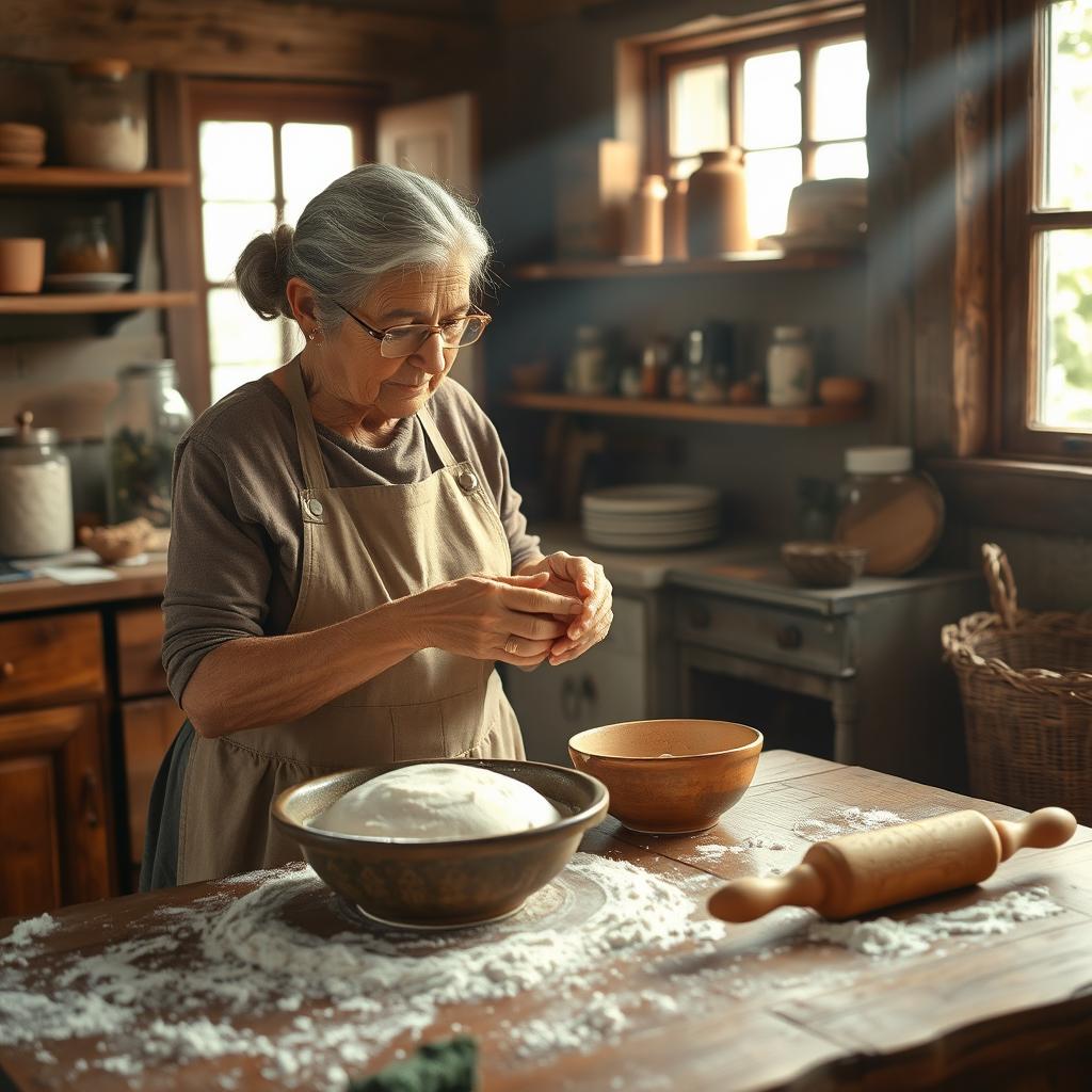An old woman skillfully making bread in a rustic kitchen filled with warmth and charm