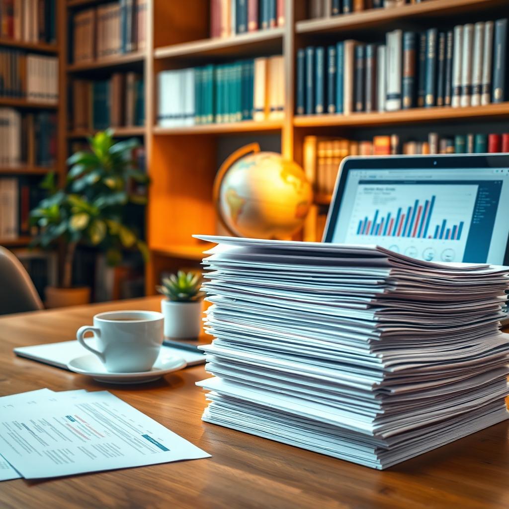 A stack of academic thesis papers neatly organized on a wooden desk, surrounded by a laptop displaying charts and graphs, a cup of coffee, and a small potted plant in the background