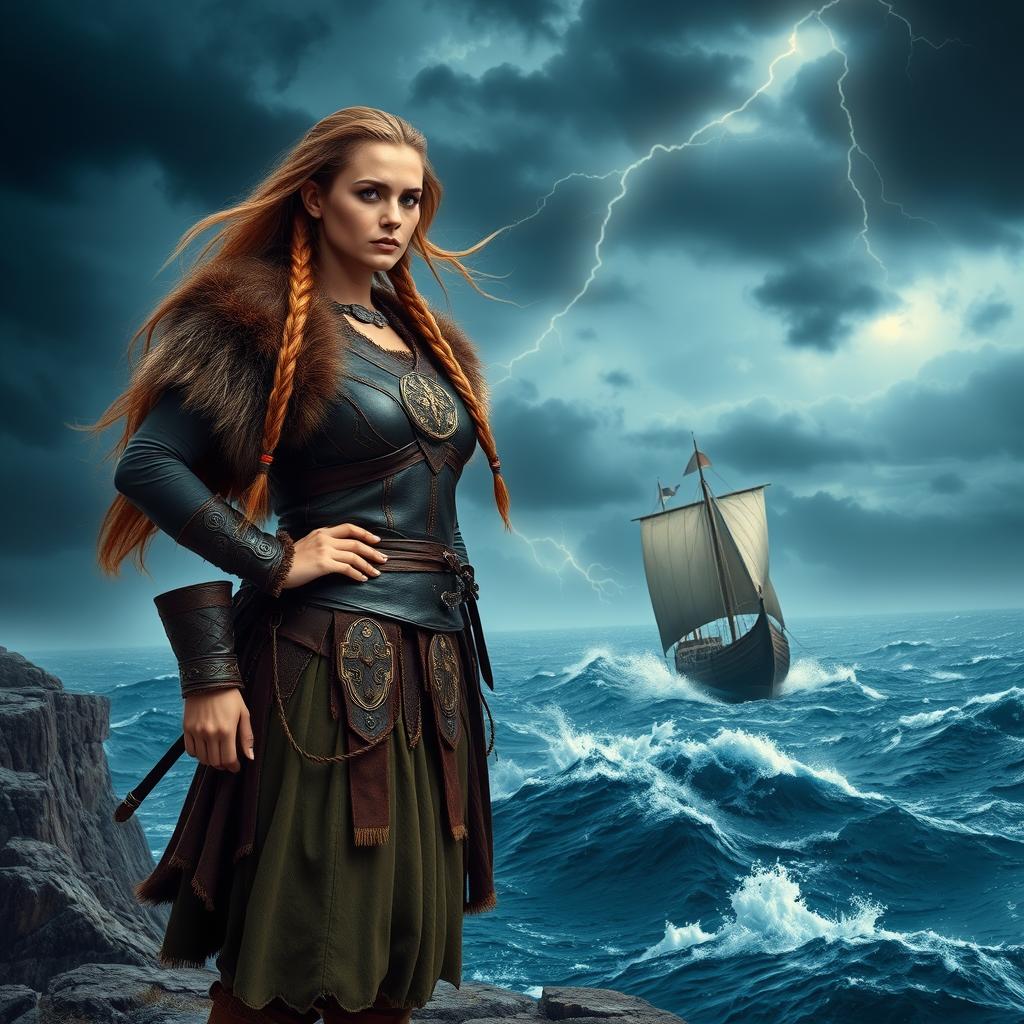 A Viking woman standing proudly on a rugged cliff overlooking a stormy sea, with long braided hair blowing in the wind
