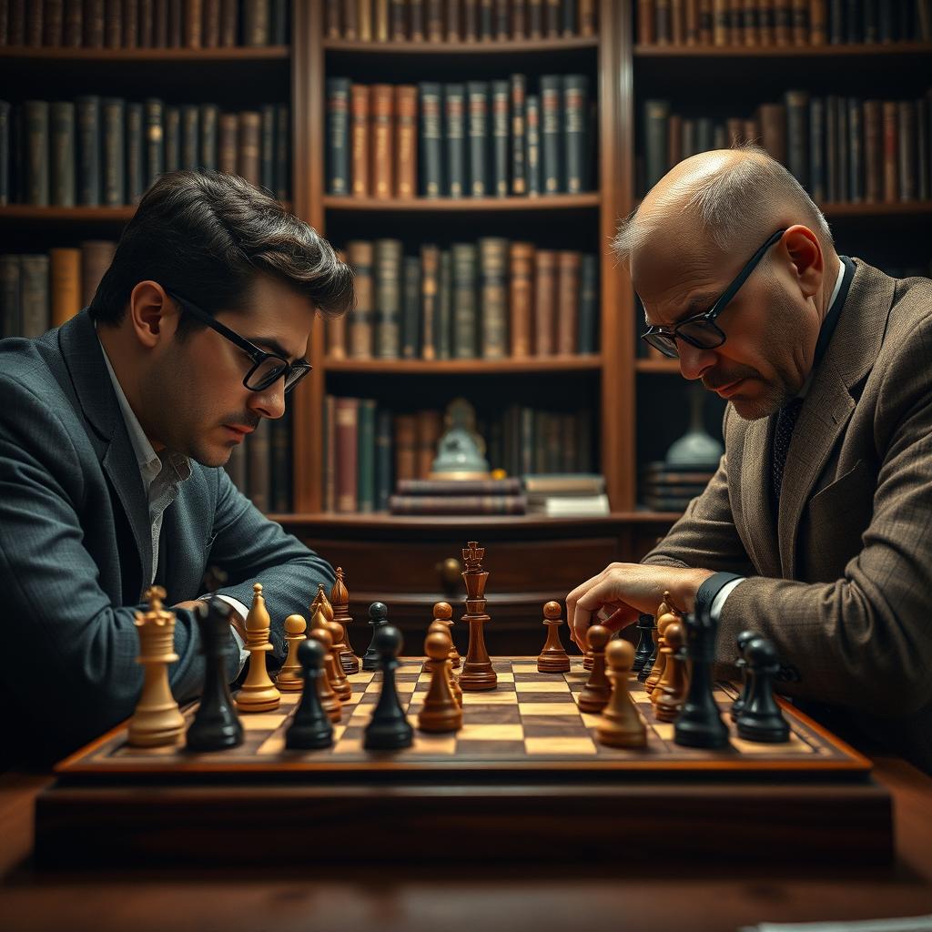 A tactical chess session where two players, both focused and intense, are analyzing their moves on a beautifully crafted wooden chessboard