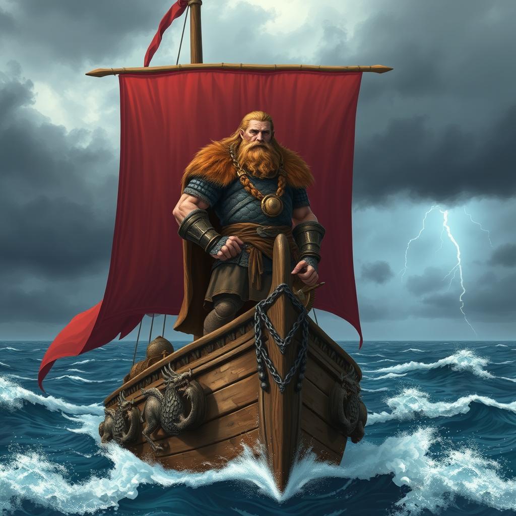 A powerful Viking standing proudly on a longship, surrounded by the rugged sea, the horizon lined with ominous storm clouds