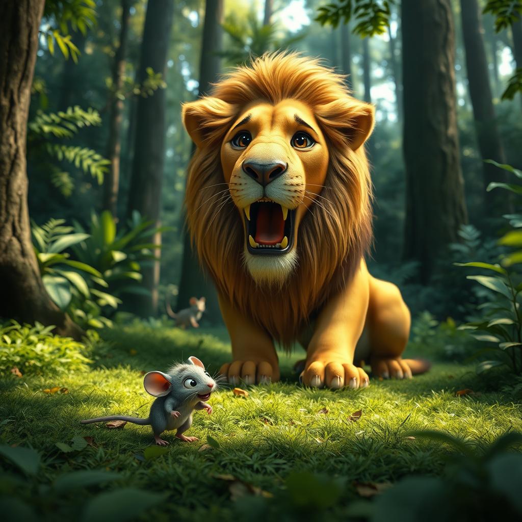 A small gray mouse with big, expressive eyes stands on a vibrant green forest floor, surrounded by tall trees and dense foliage