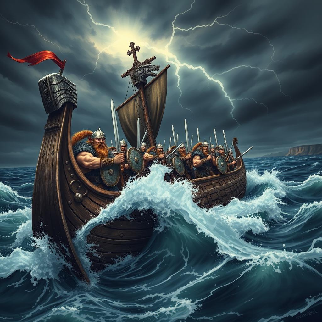A dramatic scene depicting Viking warriors on a longship preparing for battle, clad in traditional Norse armor and helmets, with fierce expressions on their faces