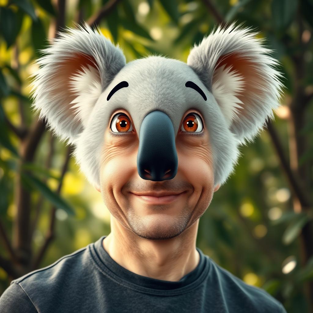 A creative transformation of a man's face into a cute, cartoonish koala